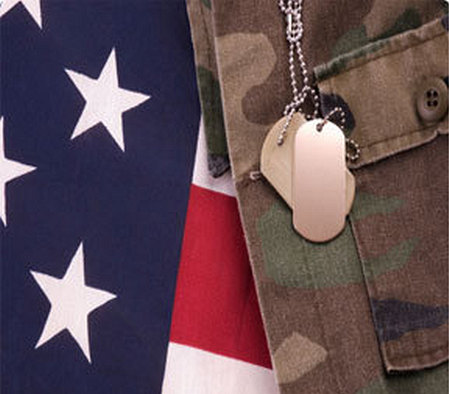 Camouflage uniform with dog tags over US flag